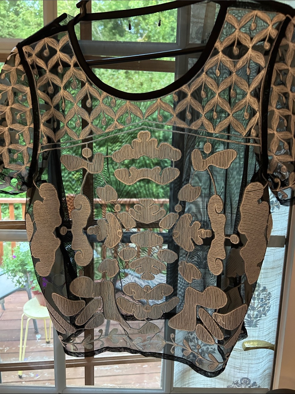 Sheer Embroidered Black and Cream Short Sleeve Top
